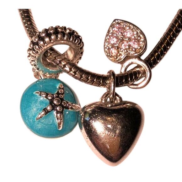 Euro Style Silver Toned Charm Bracelet 16 Charms Wedding Hearts 7.75 in - Picture 5 of 9